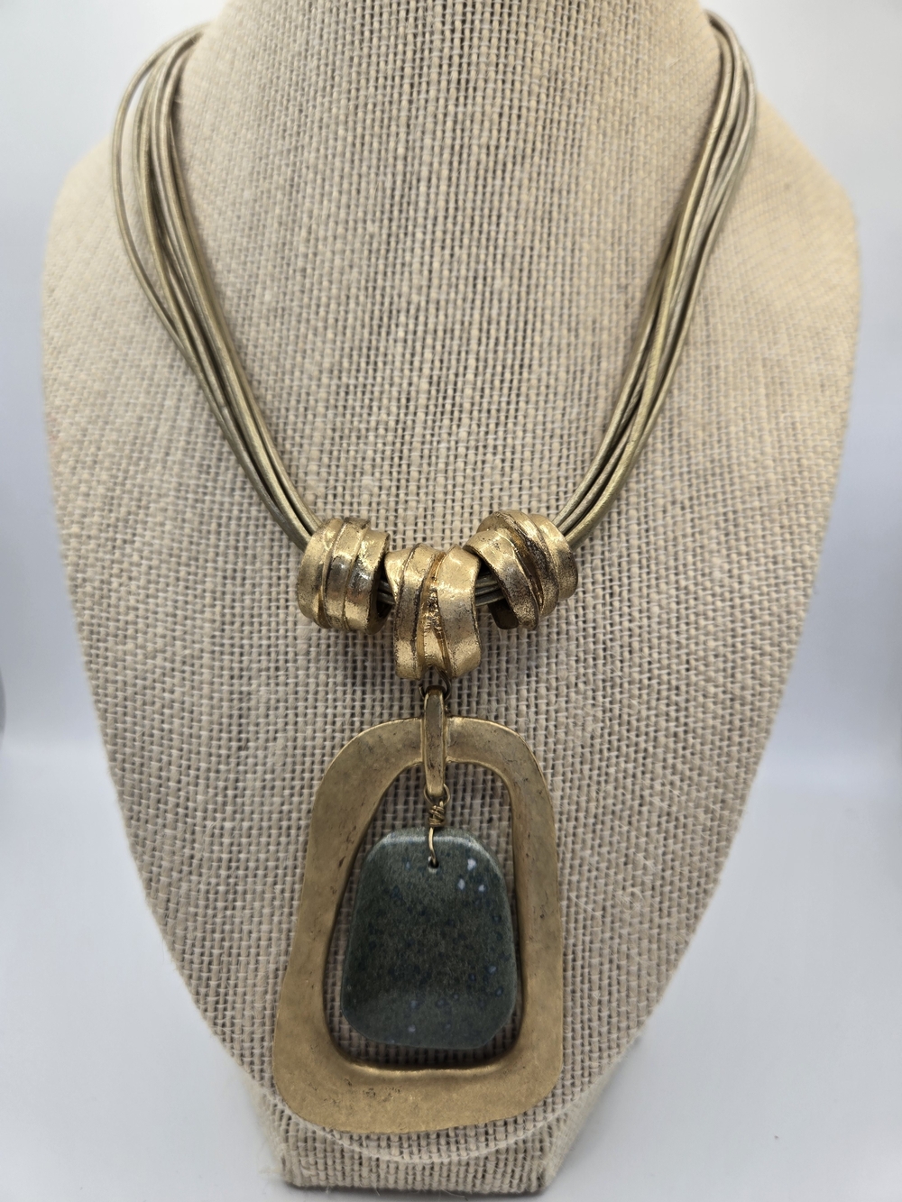 Chico's Gold-Tone Multi-Strand Necklace with Green Stone Pendant Chunky Rustic